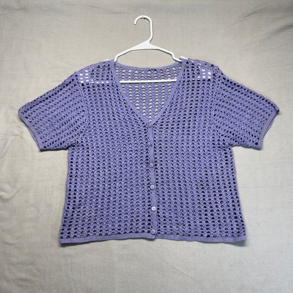 Handmade Sweaters - Handmade Y2K Crochet Cardigan Women Medium Purple Short Sleeve Boho Knit V-Neck